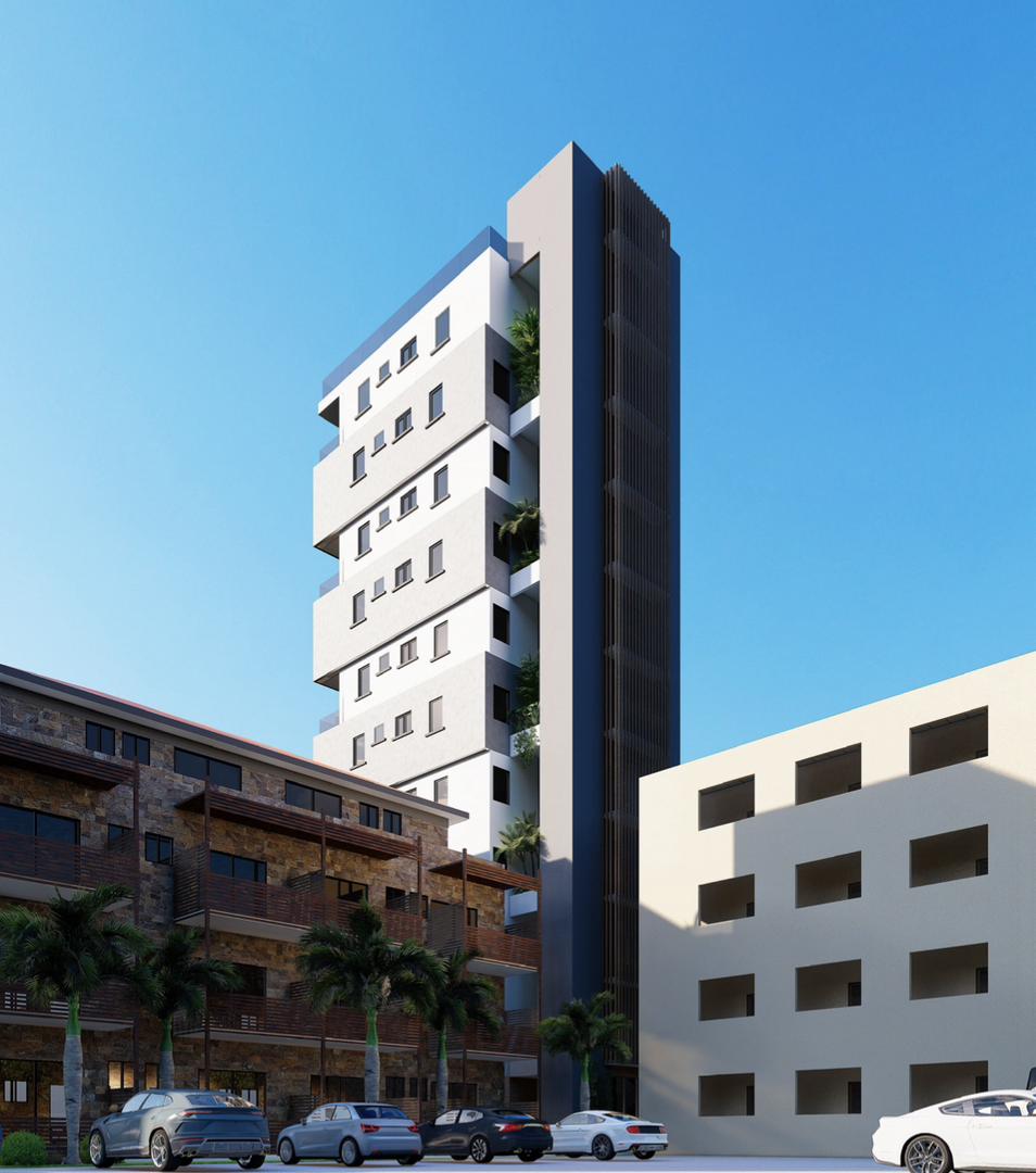 Modern high-rise residential tower with green terraces